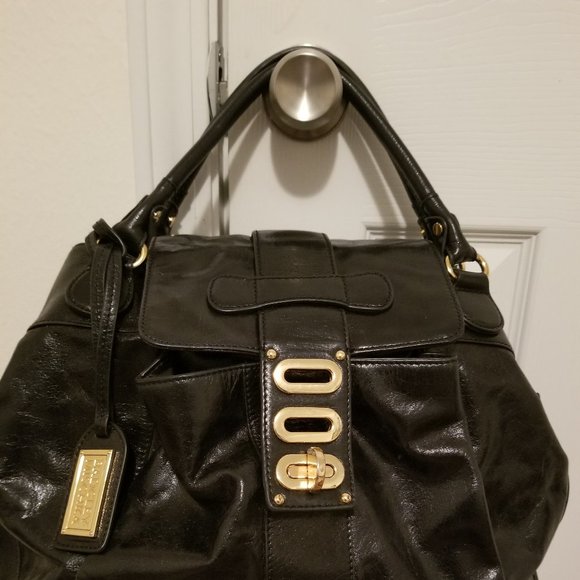 Black leather Badgley Mischka satchel w/sh strap - Picture 1 of 5